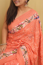 Orange Hand Embroidered Parsi Gara Pure Georgette with French Knot Work Saree - Luxurion World