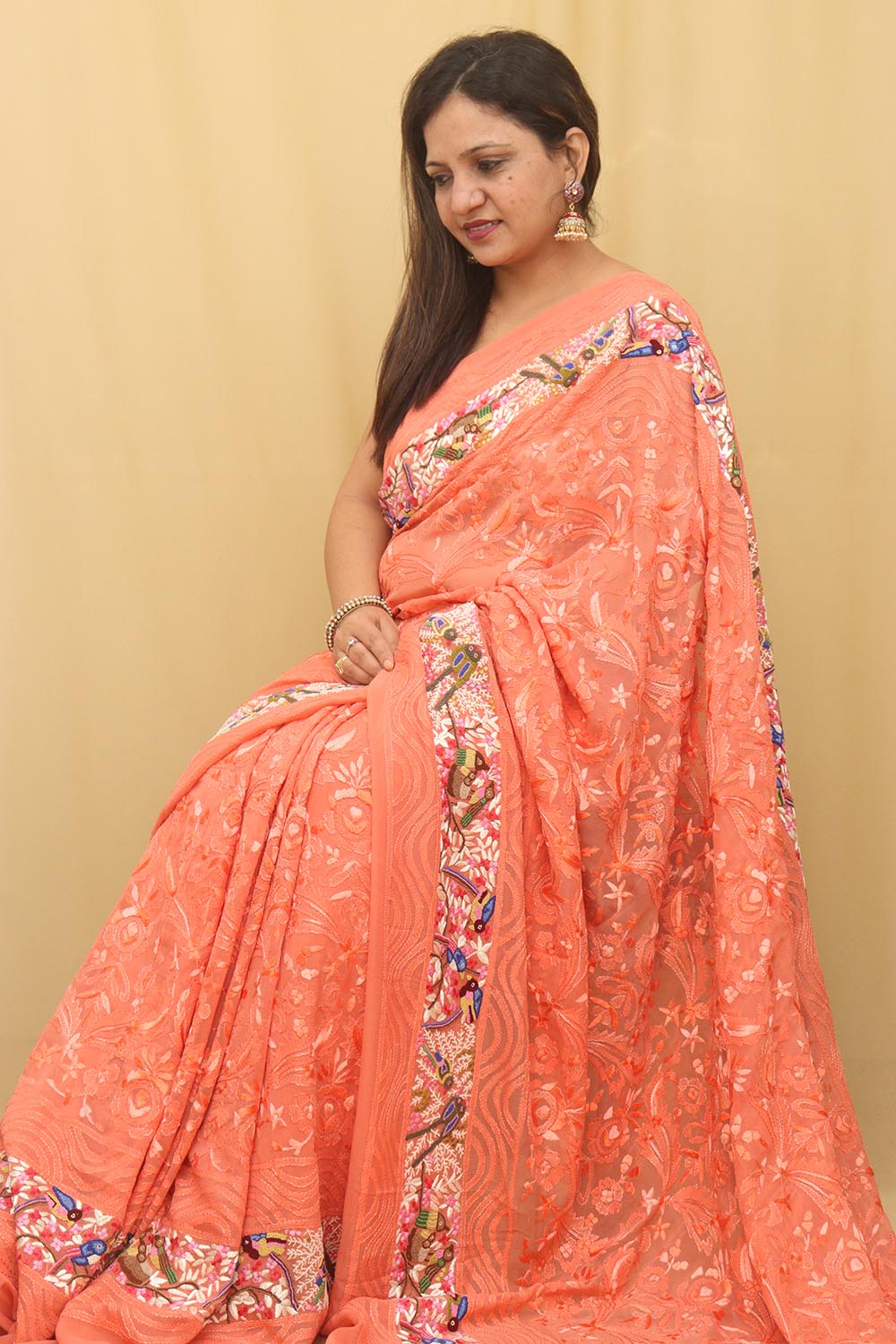 Orange Hand Embroidered Parsi Gara Pure Georgette with French Knot Work Saree - Luxurion World