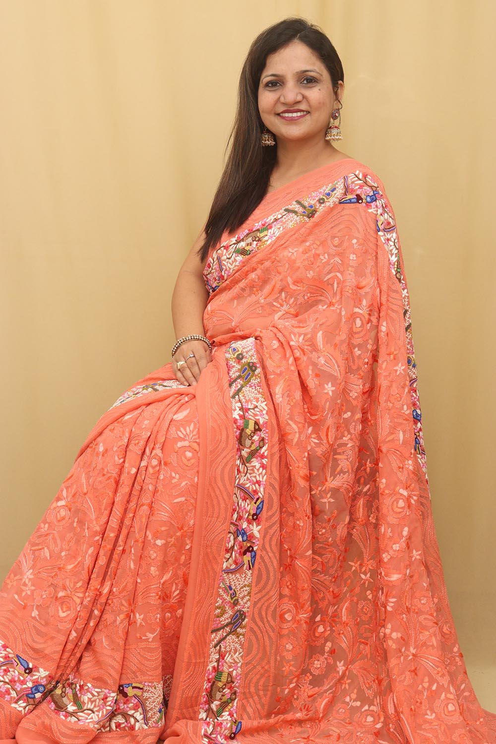Orange Hand Embroidered Parsi Gara Pure Georgette with French Knot Work Saree - Luxurion World