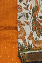 Orange And Off White Kalamkari Hand Painted Raw Silk Suit With Chennur Silk Dupatta
