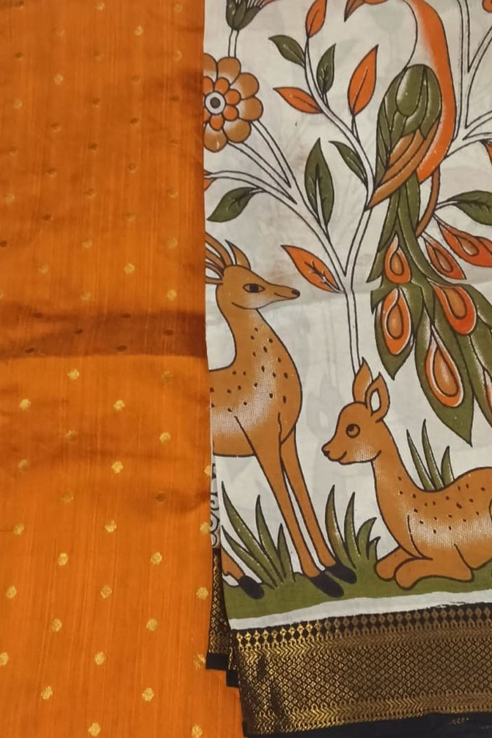 Orange And Off White Kalamkari Hand Painted Raw Silk Suit With Chennur Silk Dupatta