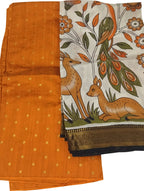 Orange And Off White Kalamkari Hand Painted Raw Silk Suit With Chennur Silk Dupatta