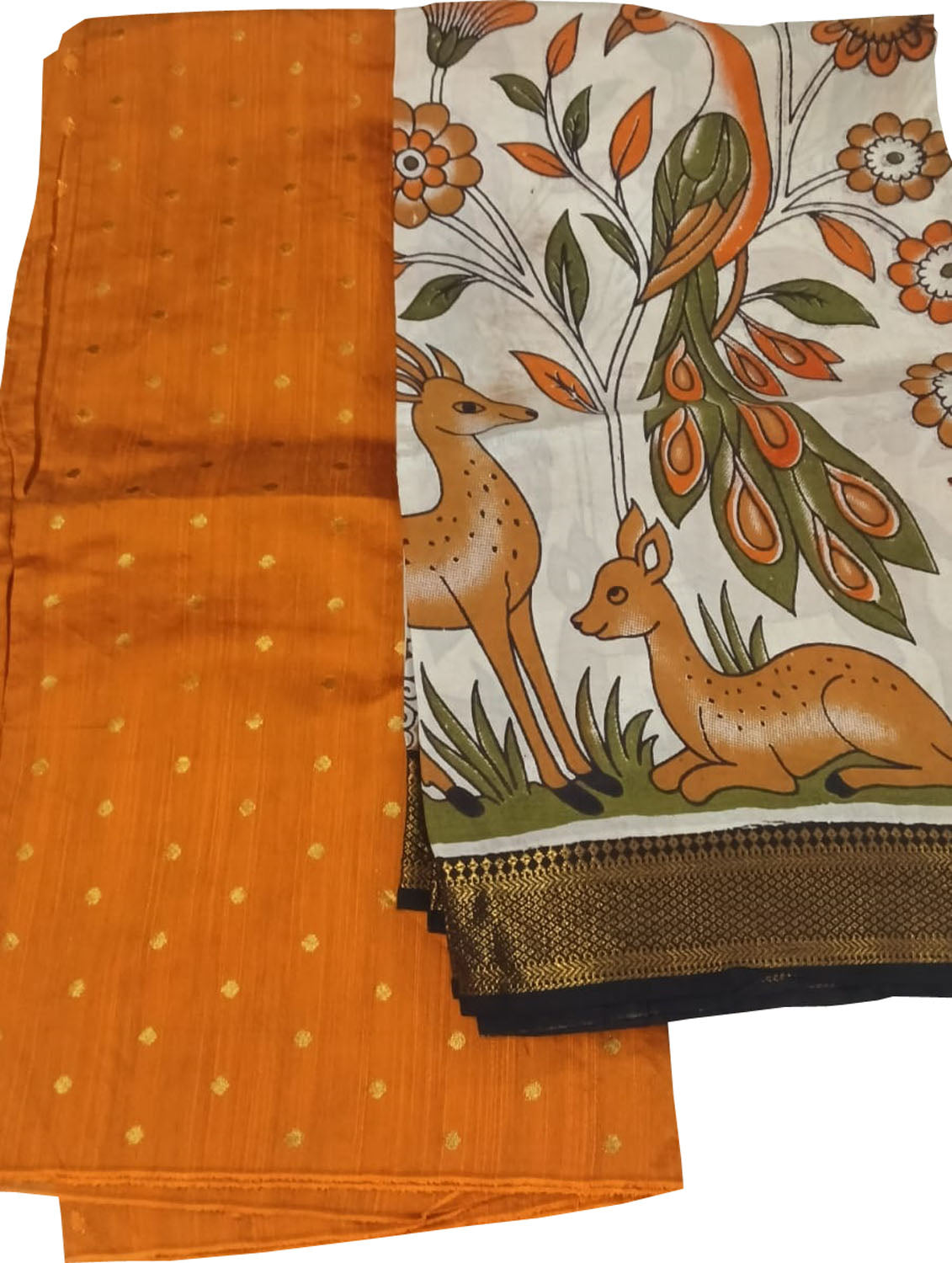 Orange And Off White Kalamkari Hand Painted Raw Silk Suit With Chennur Silk Dupatta