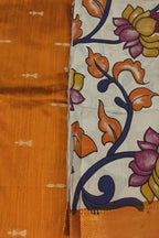 Orange And Off White Kalamkari Hand Painted Raw Silk Suit With Chennur Silk Dupatta