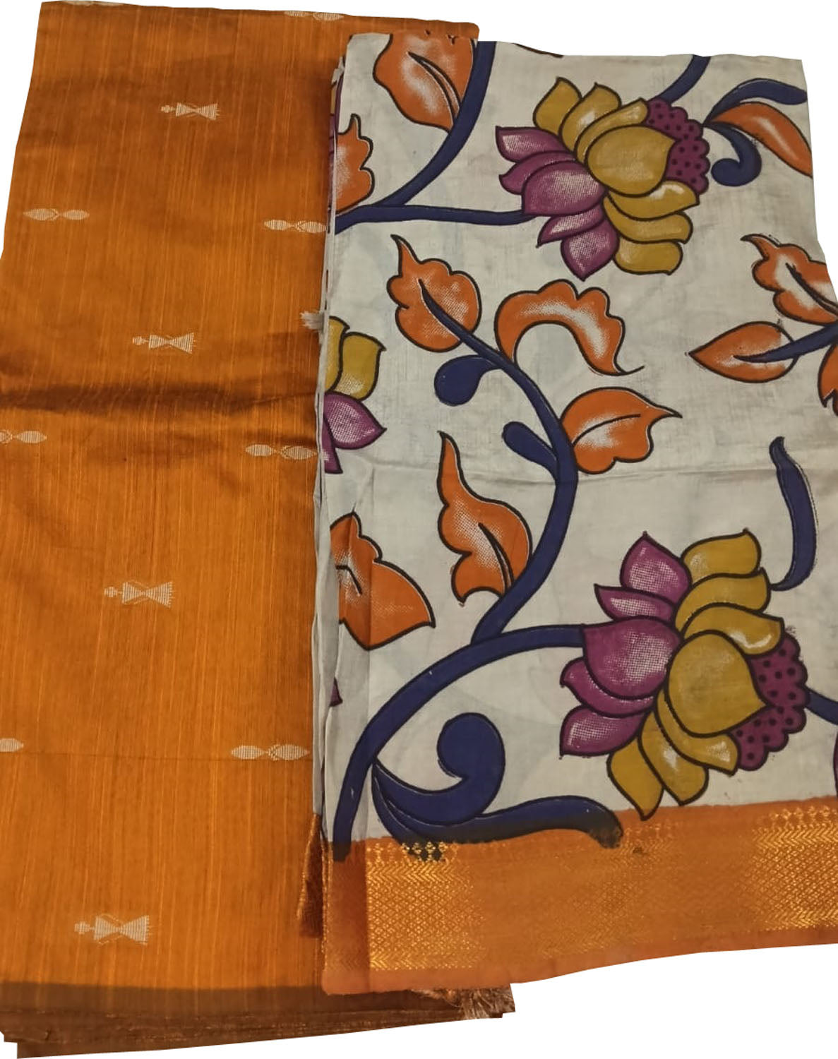 Orange And Off White Kalamkari Hand Painted Raw Silk Suit With Chennur Silk Dupatta