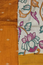 Orange And Off White Kalamkari Hand Painted Raw Silk Suit With Chennur Silk Dupatta