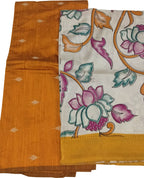 Orange And Off White Kalamkari Hand Painted Raw Silk Suit With Chennur Silk Dupatta