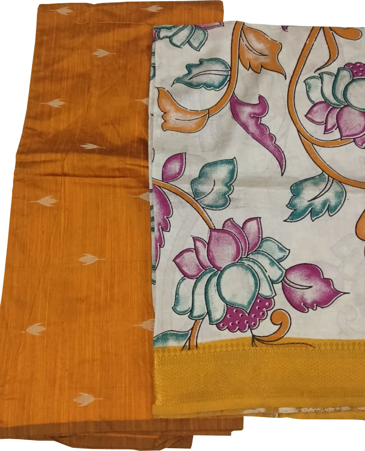 Orange And Off White Kalamkari Hand Painted Raw Silk Suit With Chennur Silk Dupatta