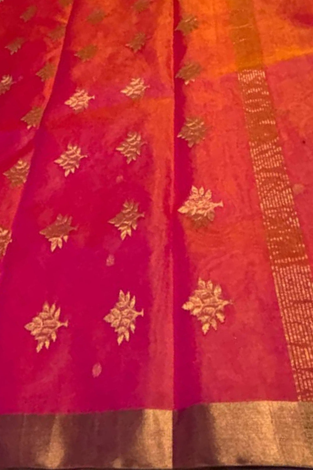 Orange And Pink Chanderi Handloom Pure Katan Silk Saree