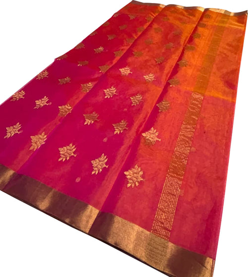 Orange and Pink Chanderi Katan Silk Saree Handloom Weave Festive