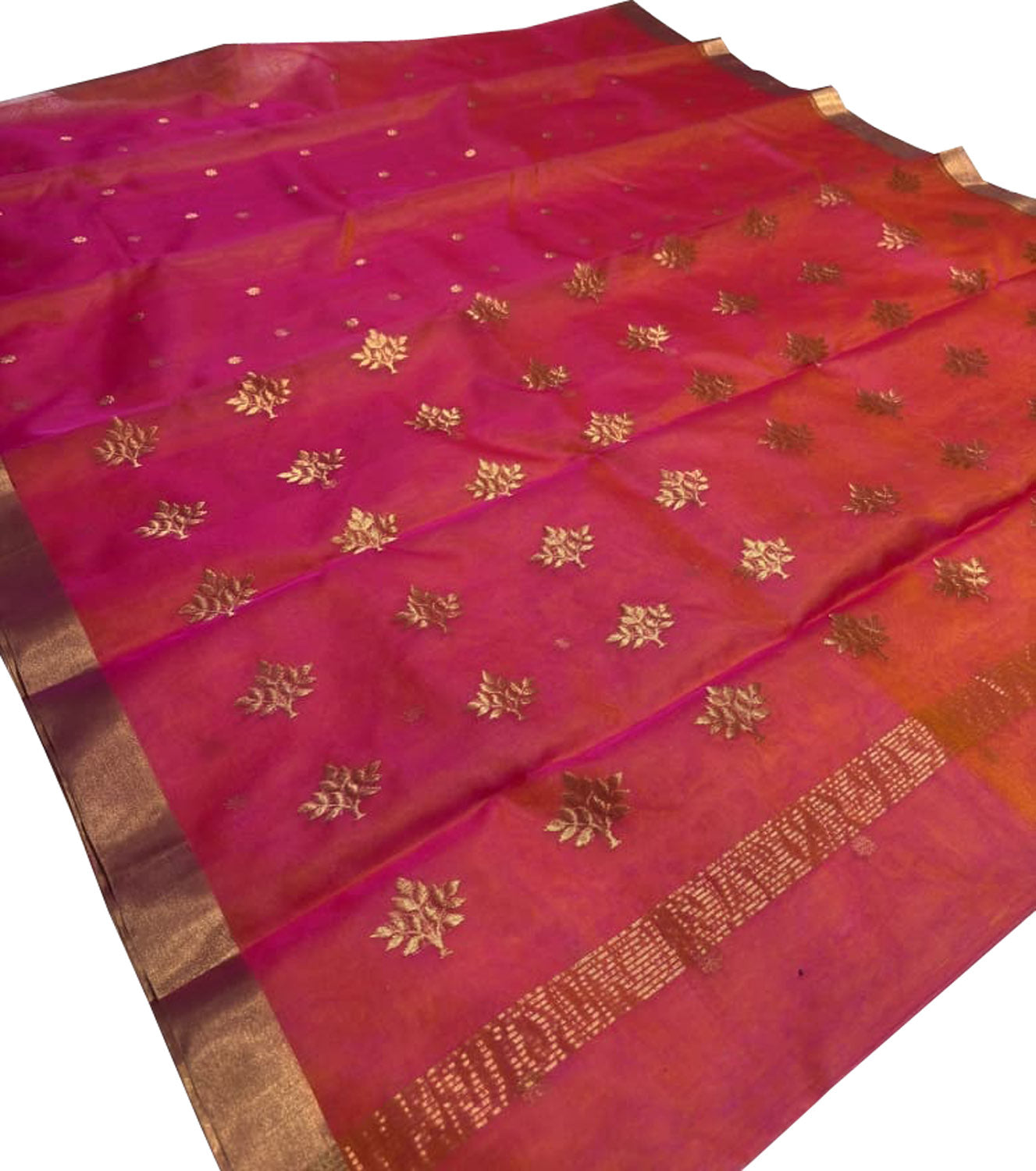 Orange And Pink Chanderi Handloom Pure Katan Silk Saree
