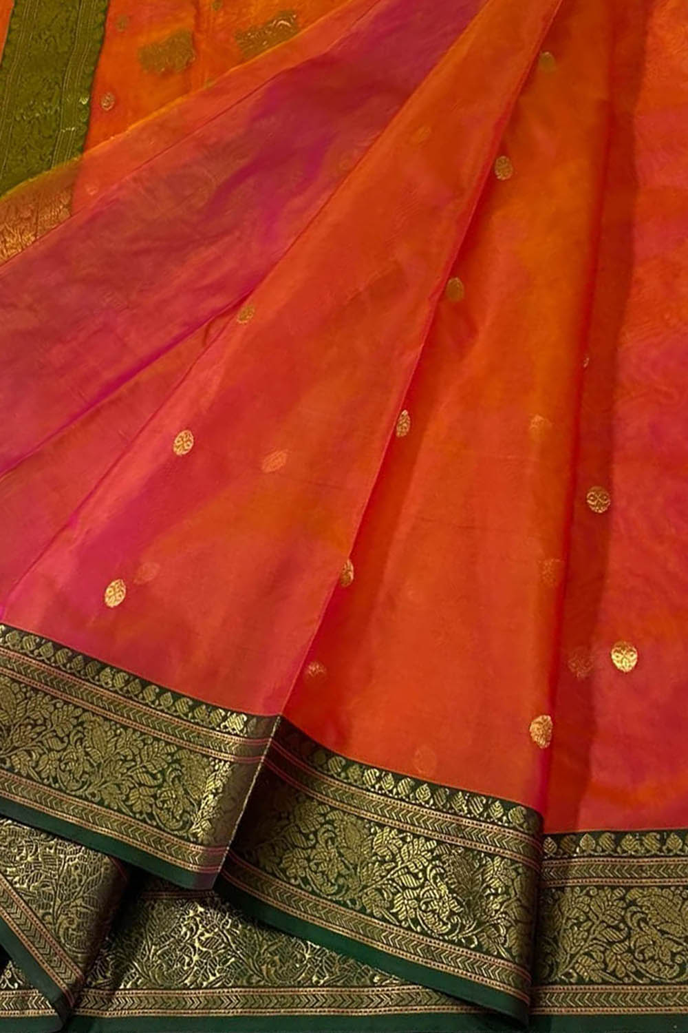 Orange And Pink Chanderi Handloom Pure Katan Silk Saree