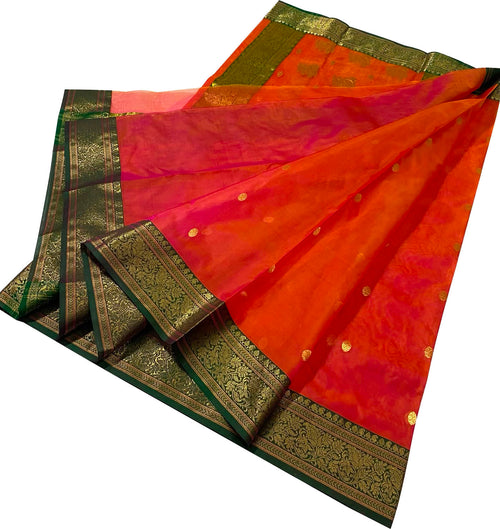Orange and Pink Chanderi Katan Silk Saree Handloom Weave Festive
