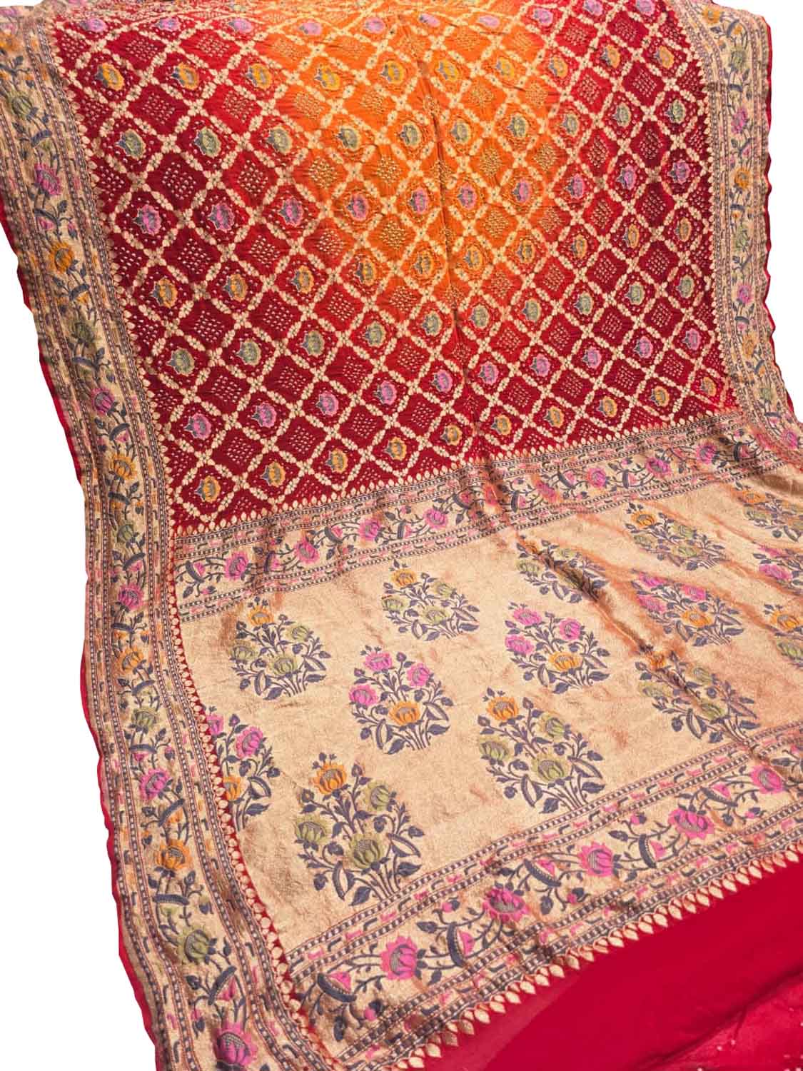 Orange And Red Banarasi Bandhani Pure Georgette Tilfi Zari Saree