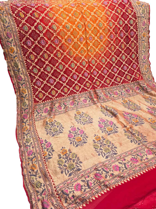 Orange And Red Banarasi Bandhani Pure Georgette Tilfi Zari Saree