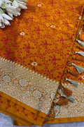 Yellow-Orange Shot Banarasi Mashru Silk Saree — Zari Florals, Festive