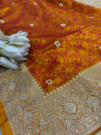 Yellow-Orange Shot Banarasi Mashru Silk Saree — Zari Florals, Festive