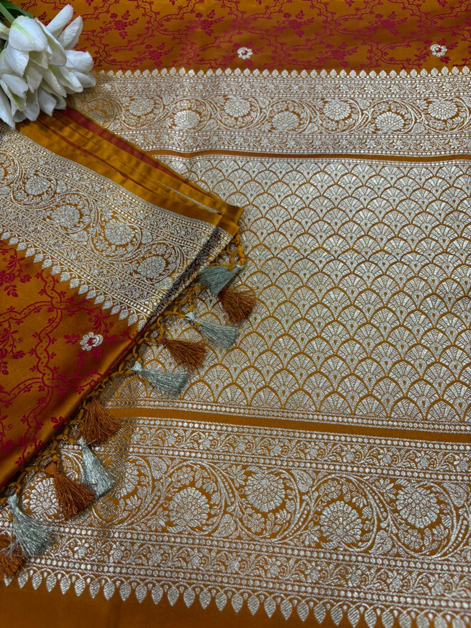 Yellow-Orange Shot Banarasi Mashru Silk Saree — Zari Florals, Festive