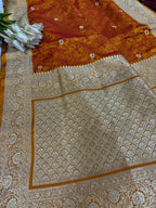 Yellow-Orange Shot Banarasi Mashru Silk Saree — Zari Florals, Festive