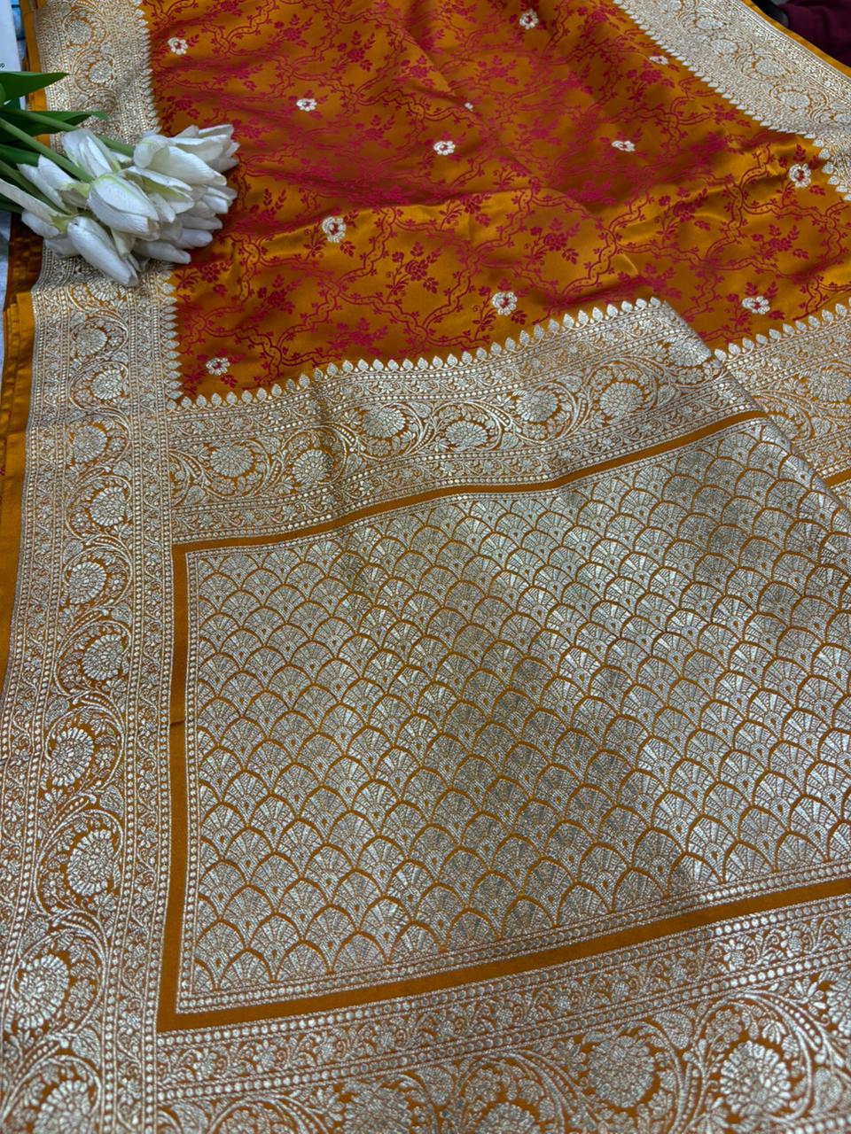 Yellow-Orange Shot Banarasi Mashru Silk Saree — Zari Florals, Festive