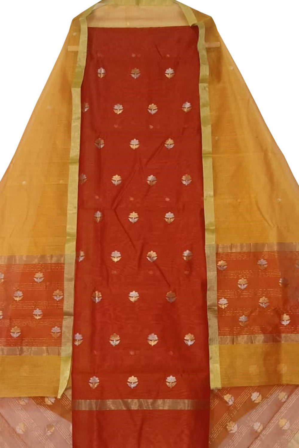Orange And Yellow Chanderi Handloom Cotton Silk Two Piece Unstitched Suit Set