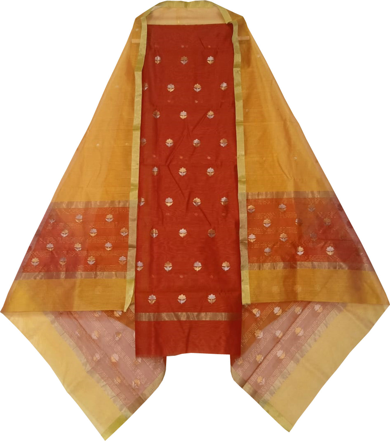 Orange And Yellow Chanderi Handloom Cotton Silk Two Piece Unstitched Suit Set