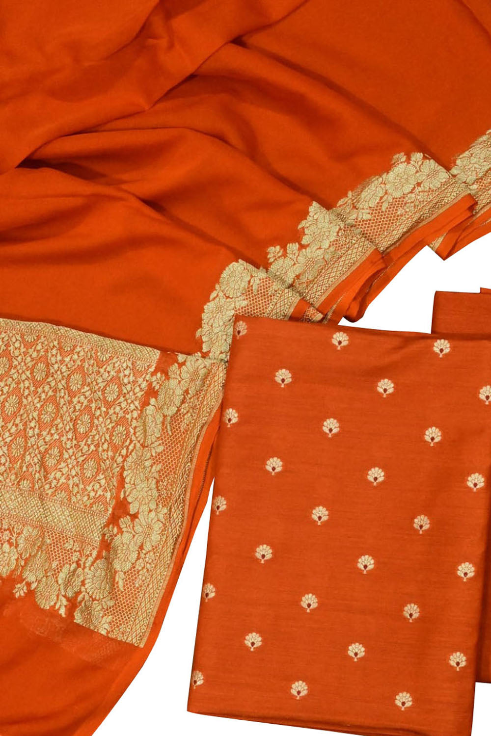 Orange Banarasi Handloom Moonga Silk Unstitched Suit With Georgette Dupatta