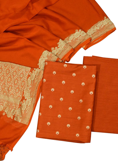 Orange Banarasi Handloom Moonga Silk Unstitched Suit With Georgette Dupatta
