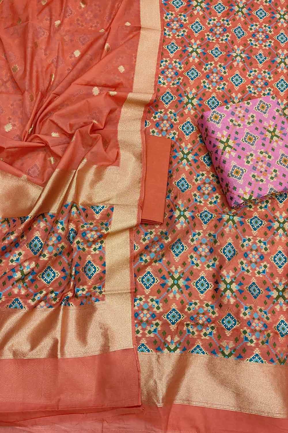 Orange Banarasi Semi Cotton Three Piece Unstitched Suit Set