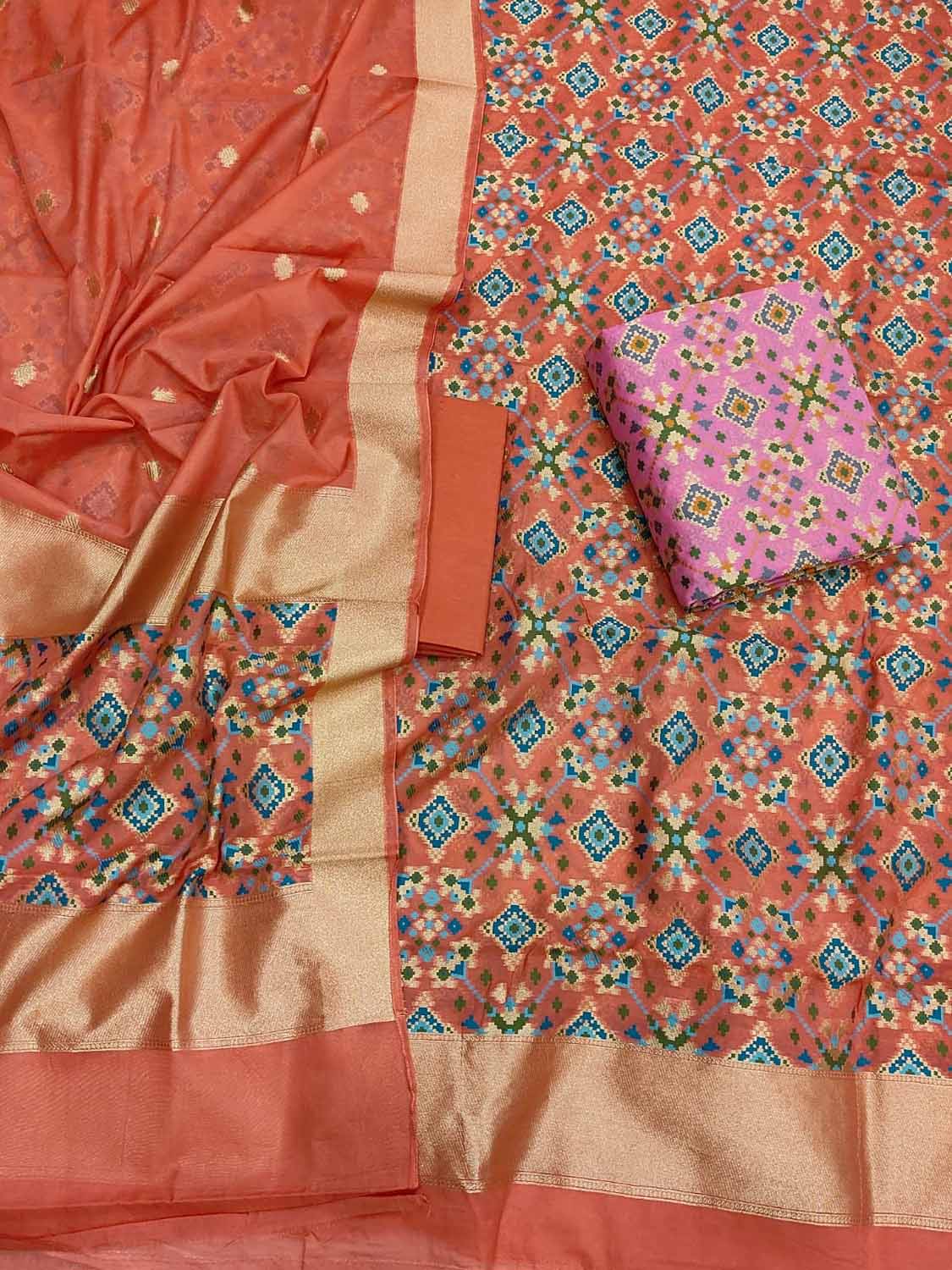 Orange Banarasi Semi Cotton Three Piece Unstitched Suit Set