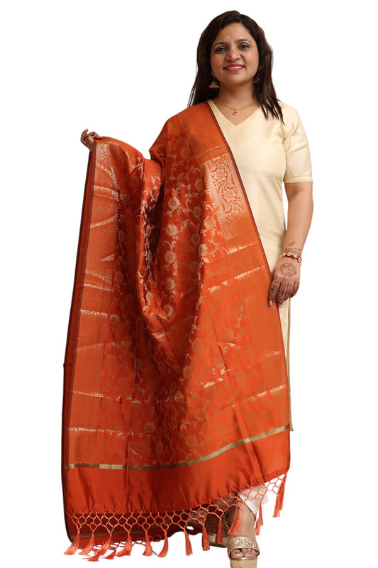 Elegant Orange Banarasi Silk Dupatta - with a beautifully handcrafted matching tassel - Luxurion World