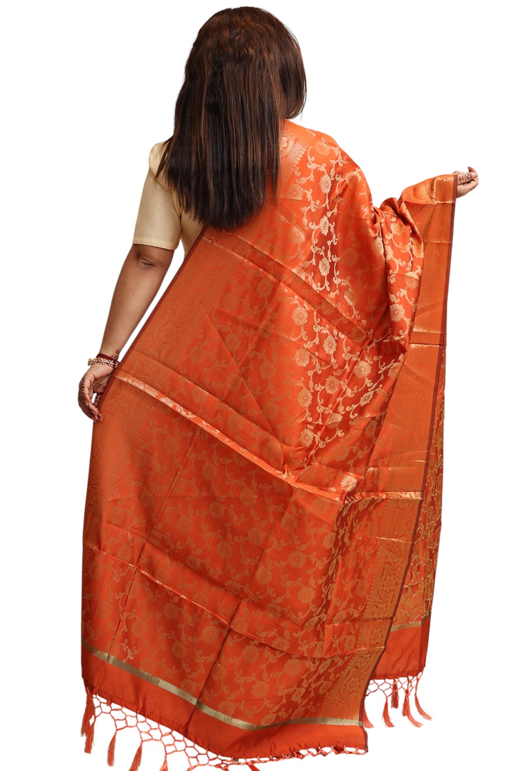 Elegant Orange Banarasi Silk Dupatta - with a beautifully handcrafted matching tassel - Luxurion World