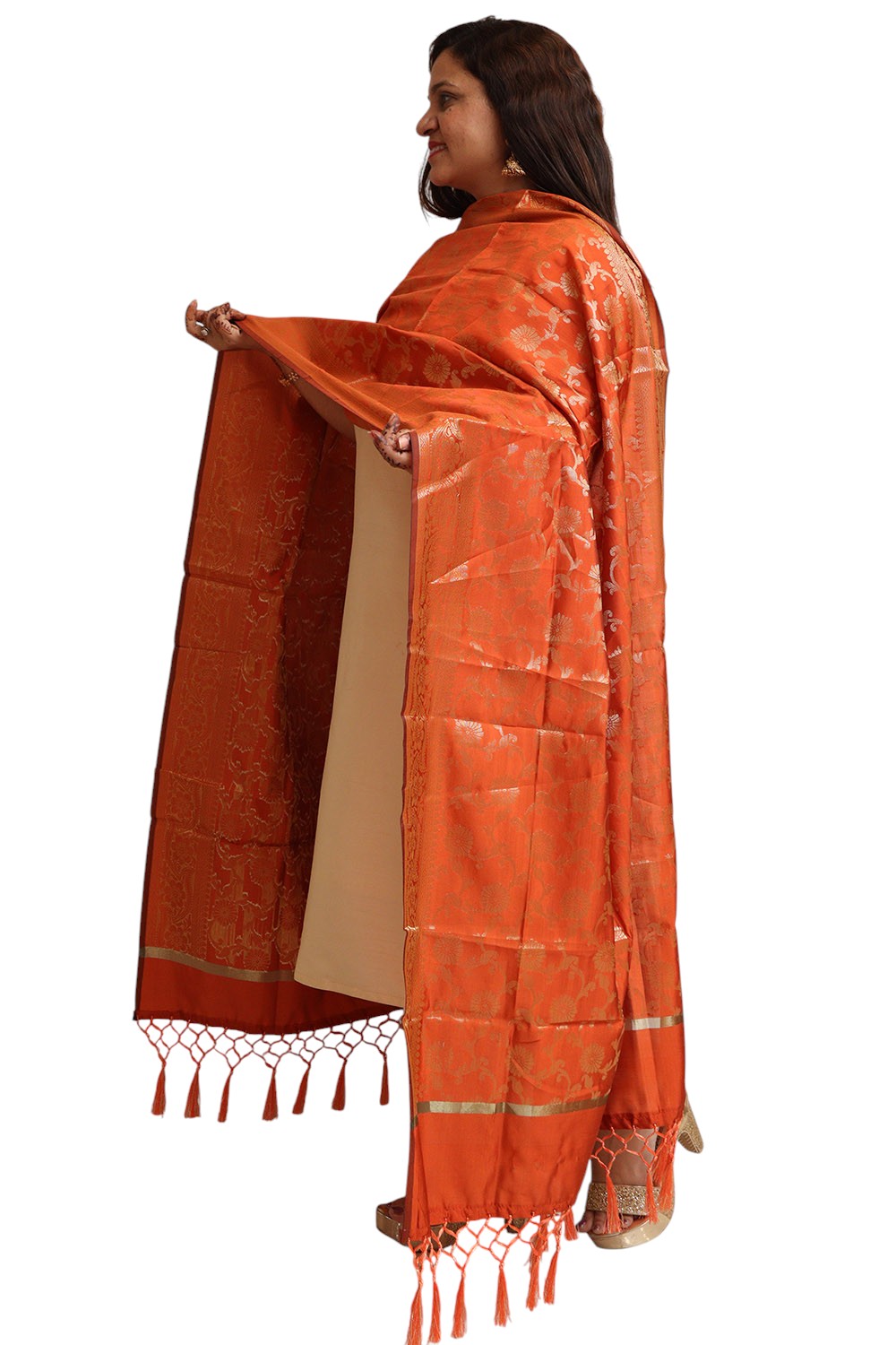 Elegant Orange Banarasi Silk Dupatta - with a beautifully handcrafted matching tassel - Luxurion World