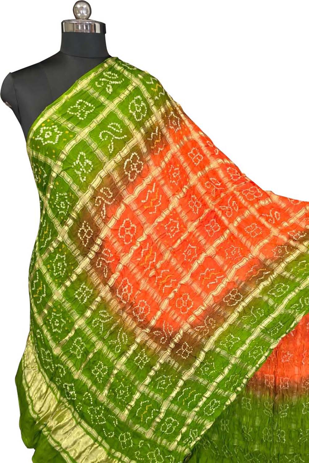 Orange Bandhani Gajji Silk Checks Design Dupatta