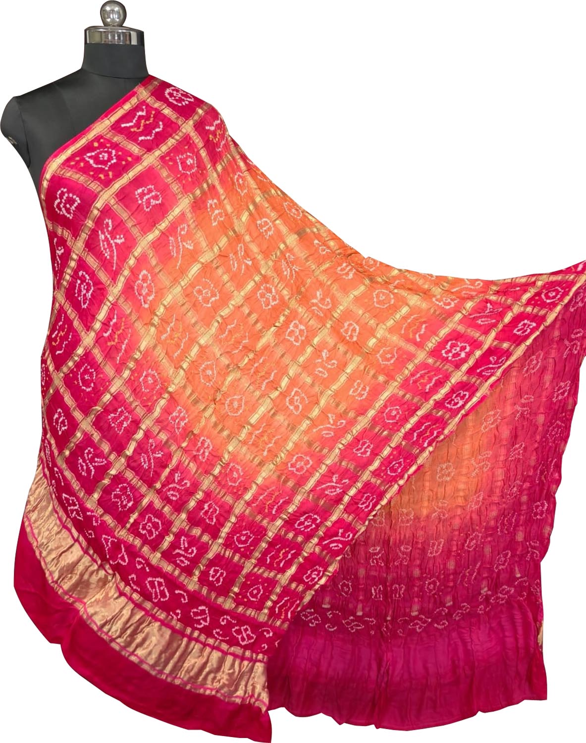 Orange Bandhani Gajji Silk Checks Design Dupatta
