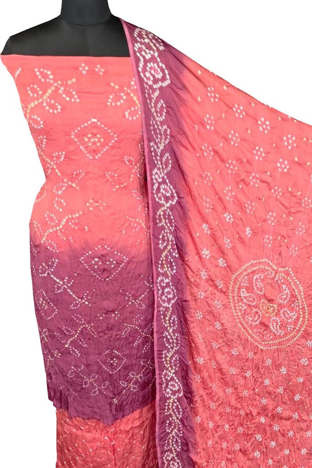 Orange Bandhani Modak Silk Three Piece Unstitched Suit Set