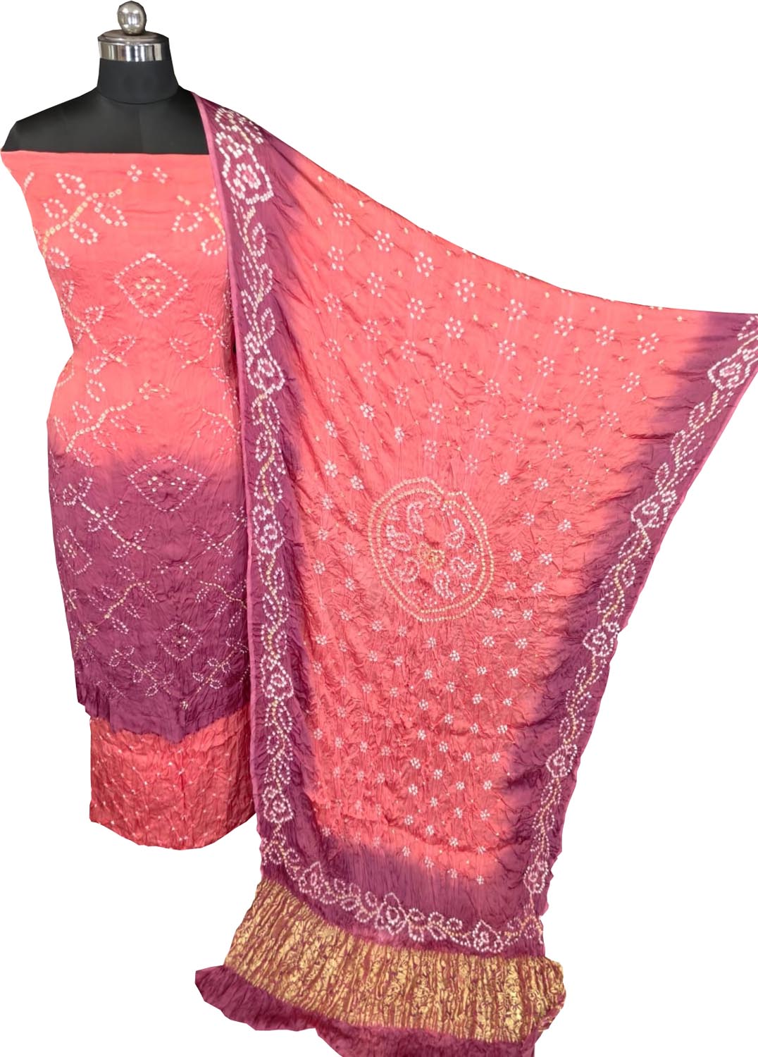 Orange Bandhani Modak Silk Three Piece Unstitched Suit Set