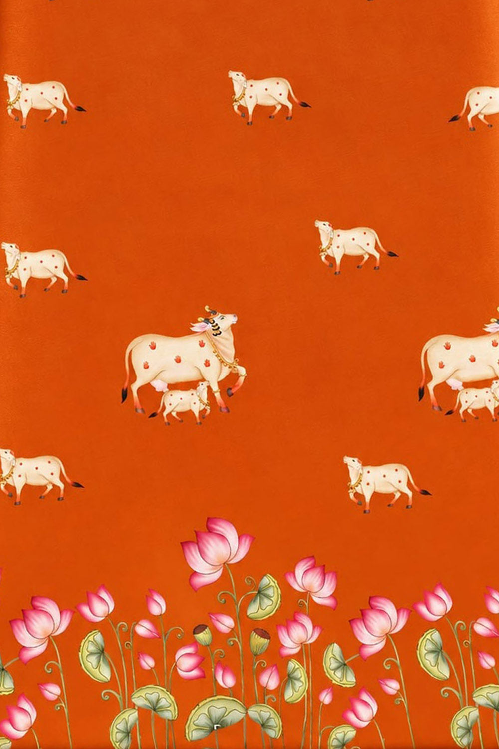 Orange Digital Pichwai Printed Modal Satin Fabric