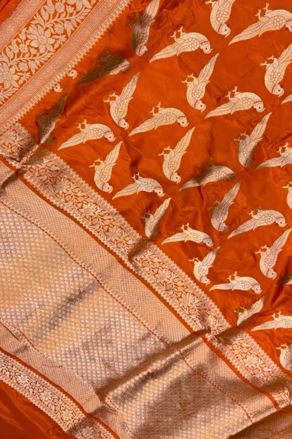 Orange Handloom Banarasi Katan Silk Meenakari Figure Work Saree