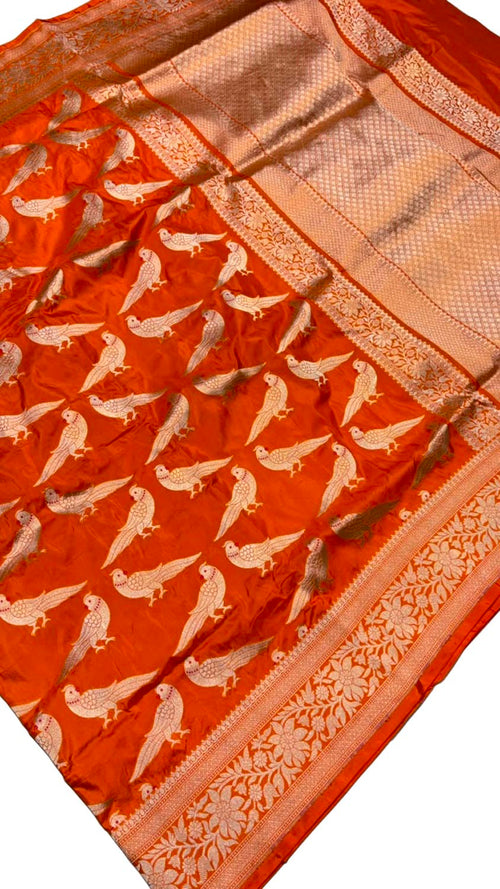 Orange Banarasi Katan Silk Saree Meenakari Figure Work Festive