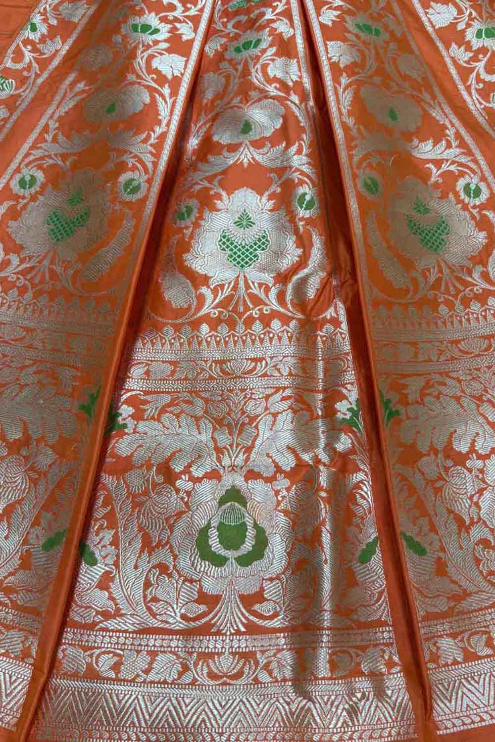 Orange Handloom Banarasi Pure Katan Silk Unstitched Lehenga Set