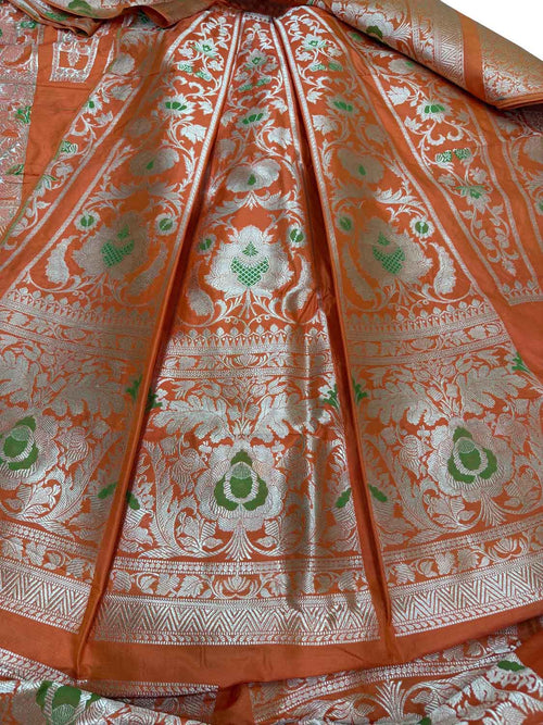 Orange Handloom Banarasi Pure Katan Silk Unstitched Lehenga Set