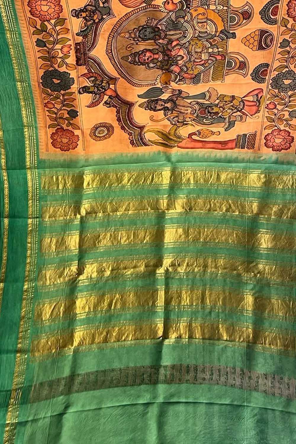 Orange Kalamkari Hand Painted Ikat Kanjeevaram Pure Silk Saree