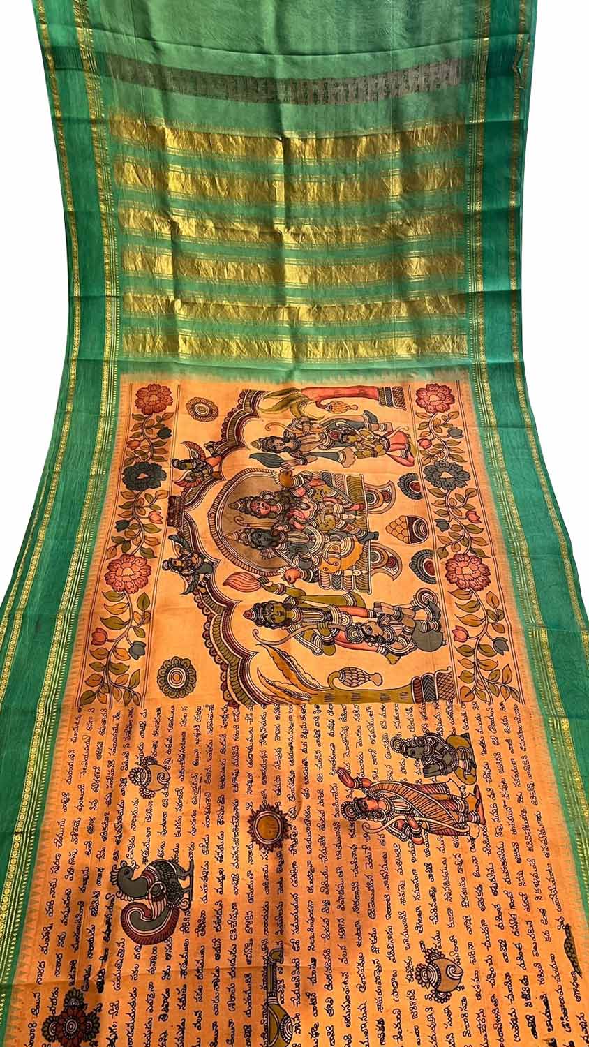 Orange Kalamkari Hand Painted Ikat Kanjeevaram Pure Silk Saree