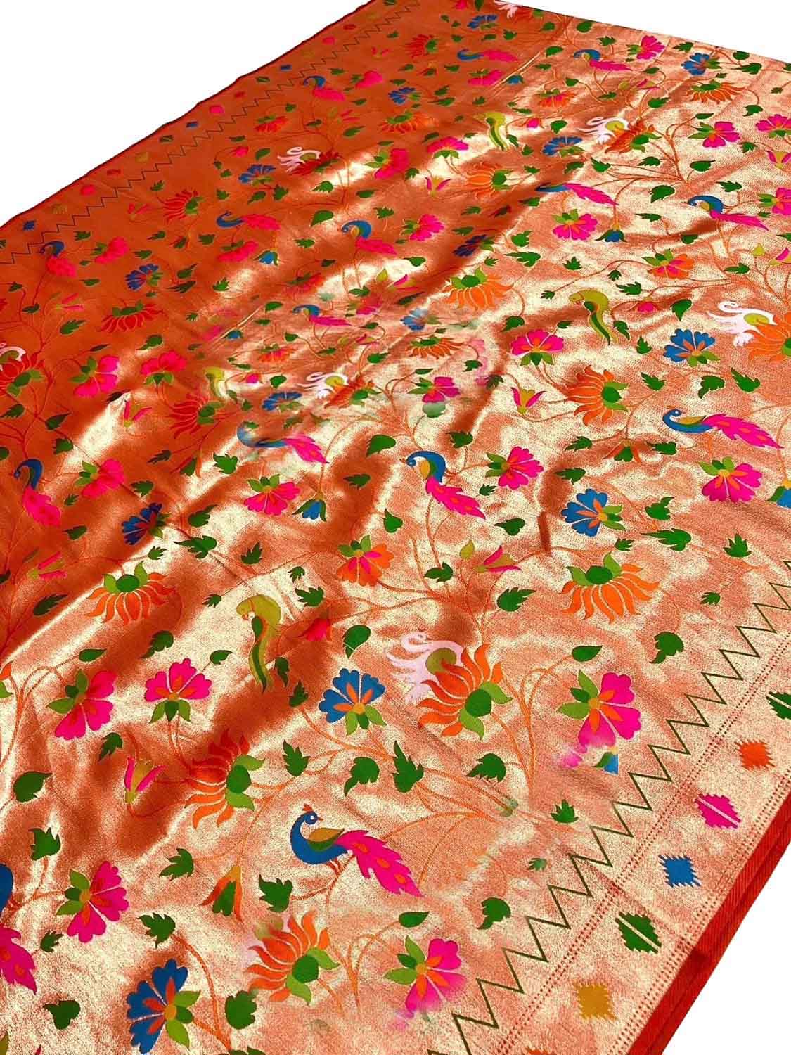 Orange Paithani Silk Peacock & Flower Design Fabric