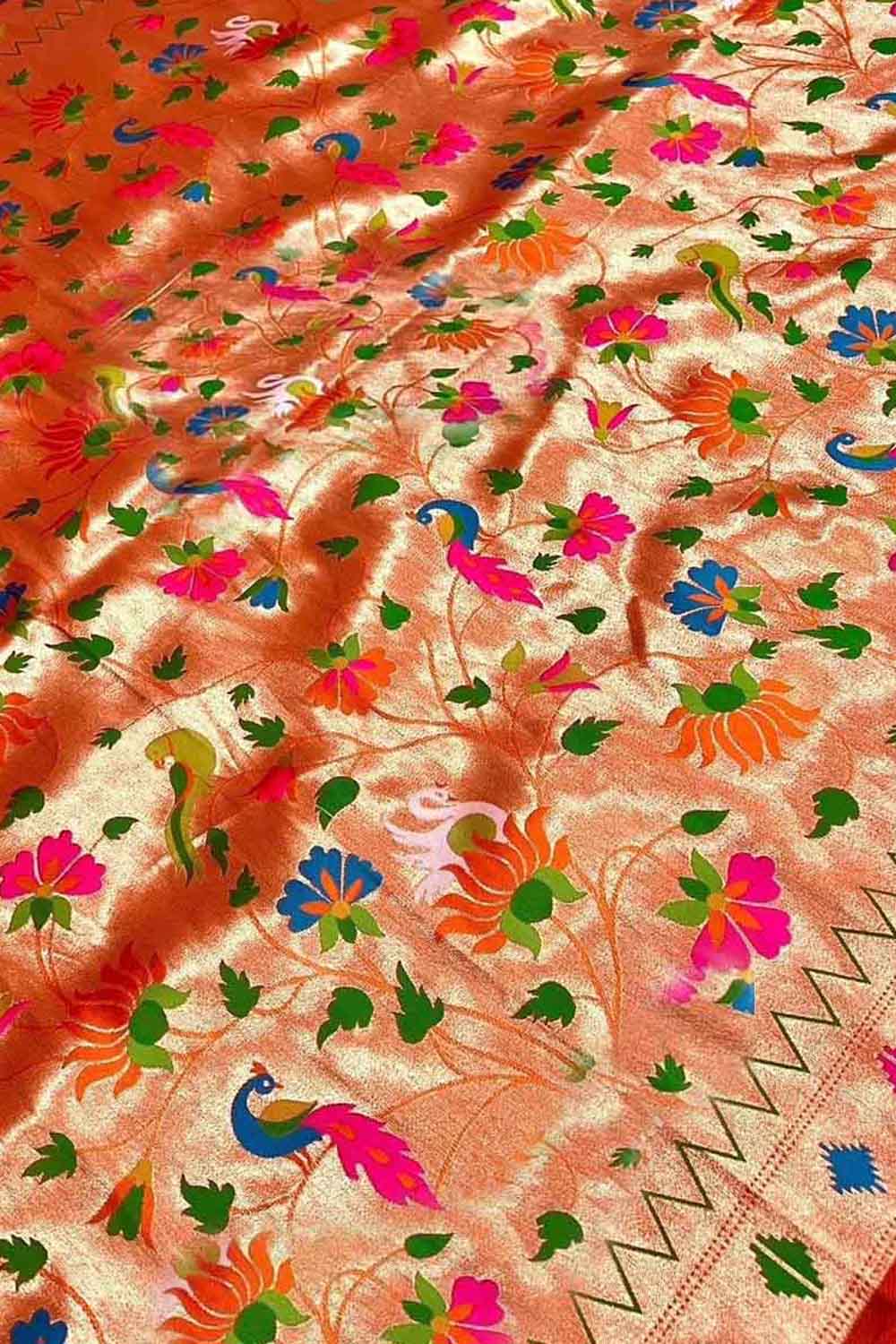 Orange Paithani Silk Peacock & Flower Design Fabric