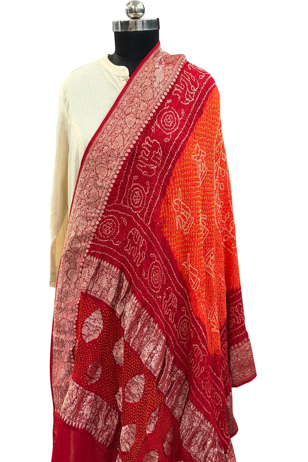 Orange Pure Georgette Banarasi Bandhani Meenakari Dupatta