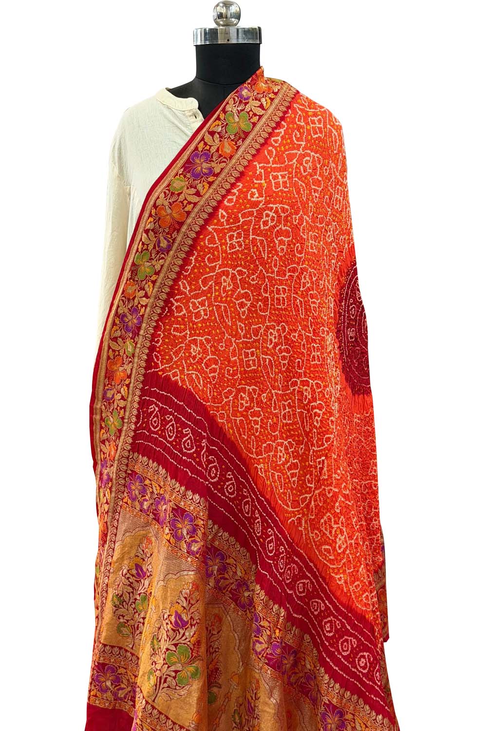 Orange Pure Georgette Banarasi Bandhani Meenakari Dupatta