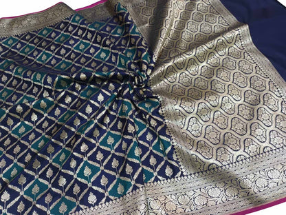 Exquisite Green & Blue Banarasi Silk Saree - Luxurion World