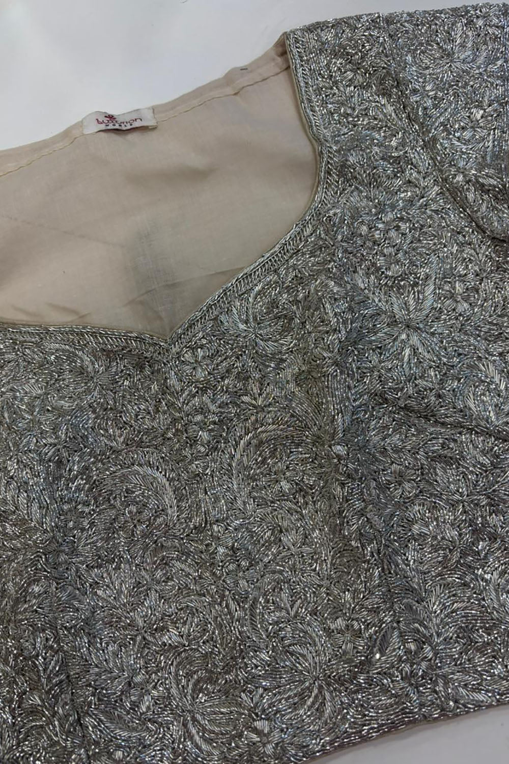 Silver Hand Embroidered Dabka And Sequins Work Blouse - Luxurion World